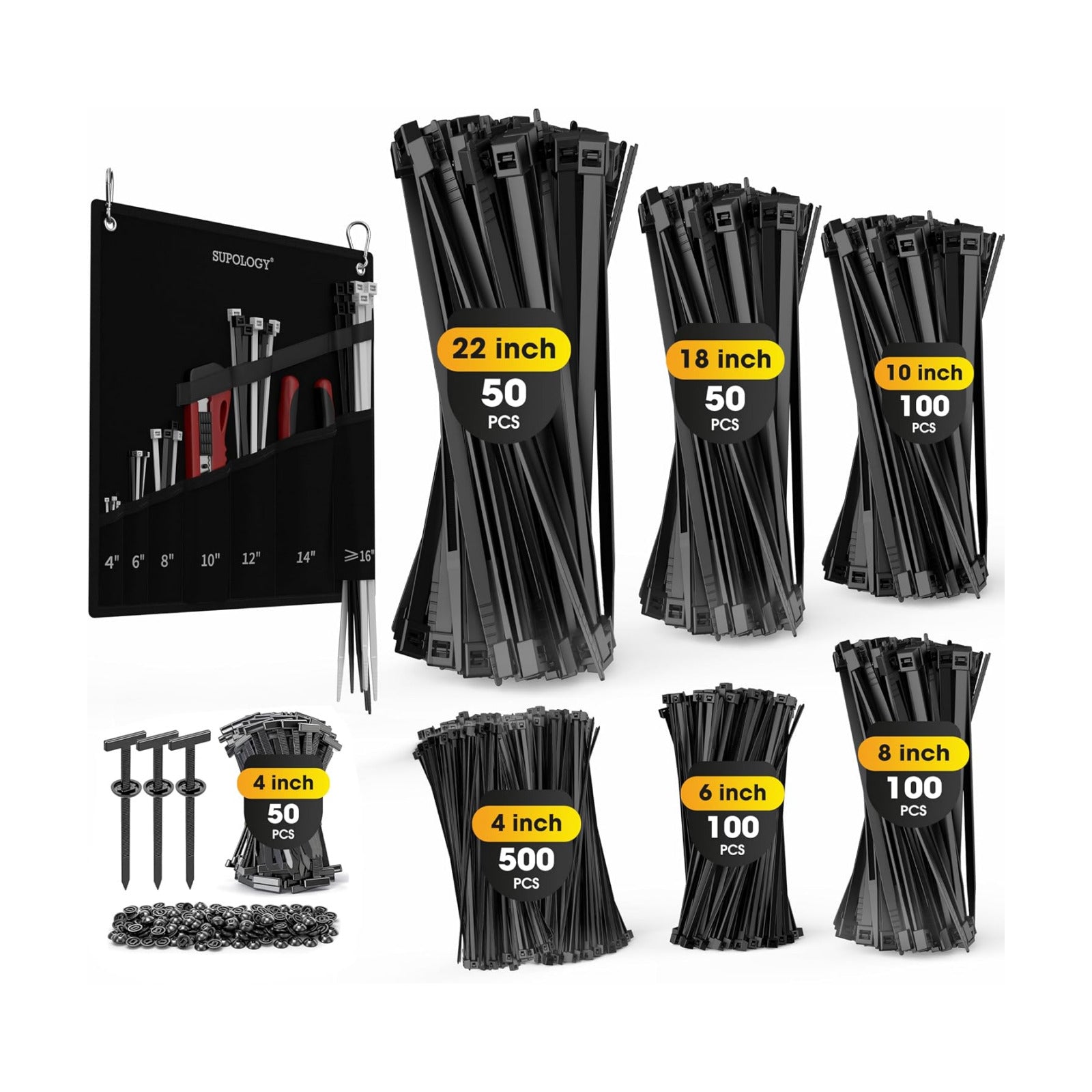 Zip Ties Assorted Size, 950 PCS Heavy Duty Wire Plants Ties with Oxford Ties Organizer, Up to 300 LBS and 22 Inches
