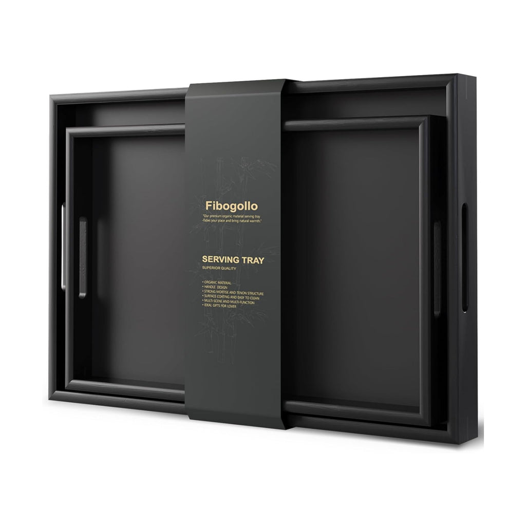 Fibogollo Bamboo Set of 2 Serving Tray with Handles,Decorative Trays Platter,Breakfast Tray in Bed,Food Drinks Tray for Eating,Working,Storing(Black)
