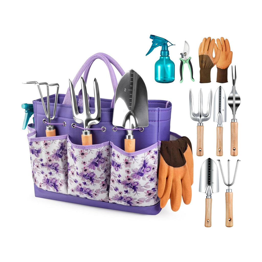 9-Piece Gardening Tools Set with Fashion Handbag, Purple | Rust-resistant steel garden tool set, Ergonomic Wooden