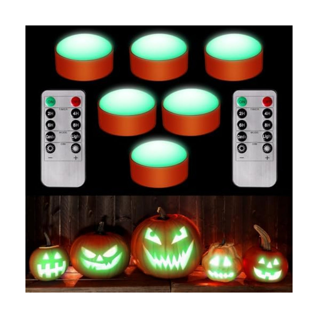 Riakrum 6 Pack Halloween Pumpkin LED Lights, Orang, Green Light