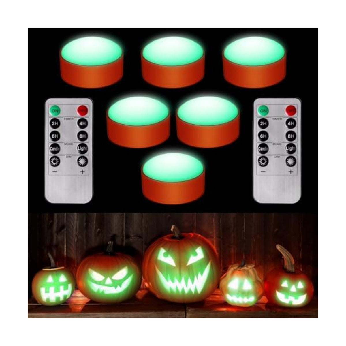Riakrum 6 Pack Halloween Pumpkin LED Lights, Orang, Green Light