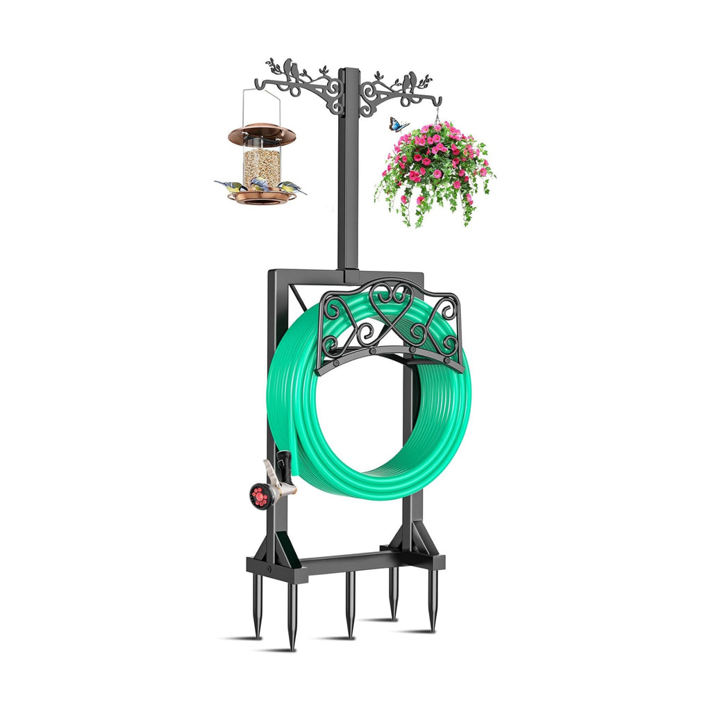 Garden Hose Holder, Freedstanding Heavy Duty Garden Water Hose Holder Stand with 2 Shepherds Hooks, Detachable Metal
