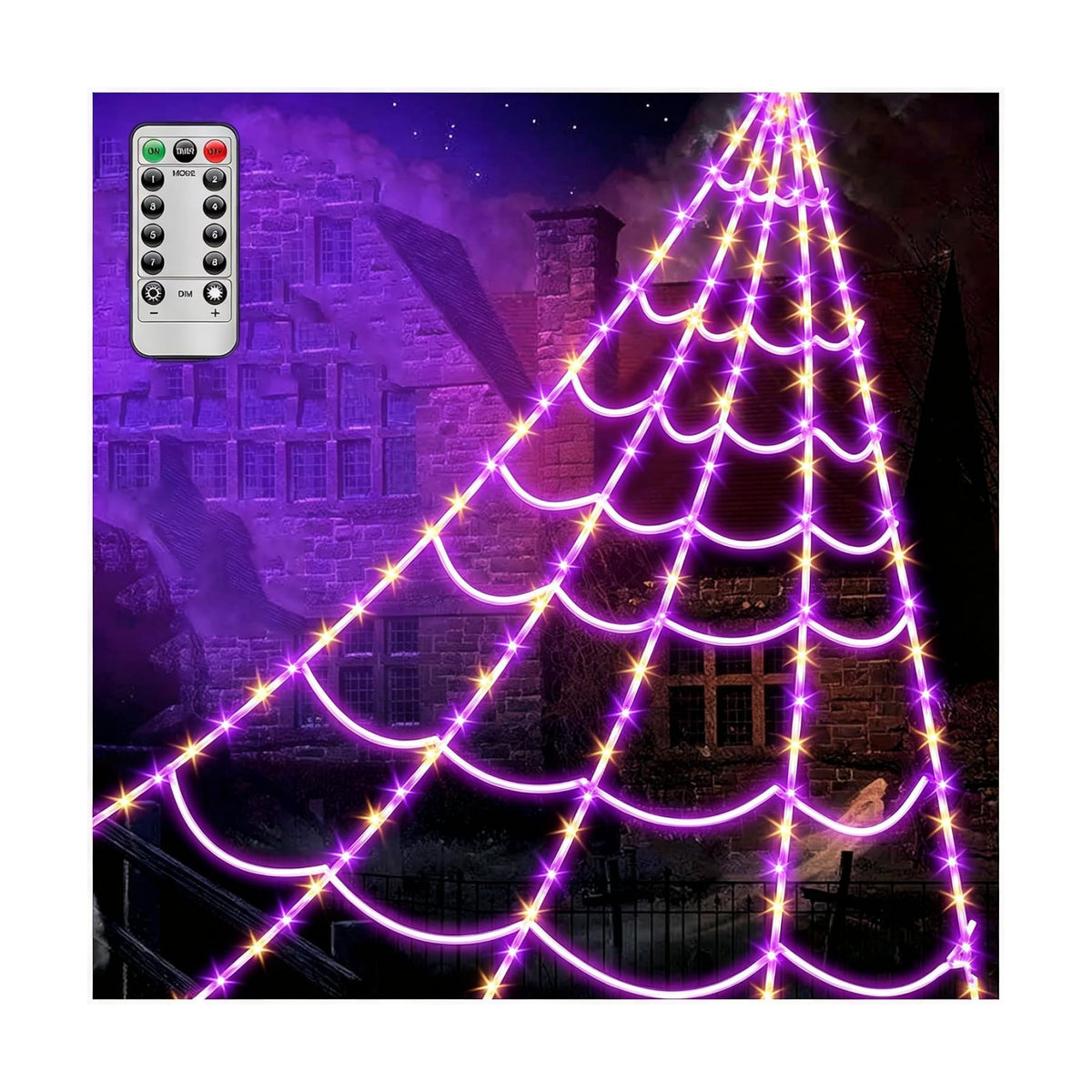 Spider Webs Halloween Decorations Lights - 250 LEDs Outdoor Halloween String Lights,8 Modes Remote Control 16.4Ft Spiderweb,Waterproof (Orange+Purple)