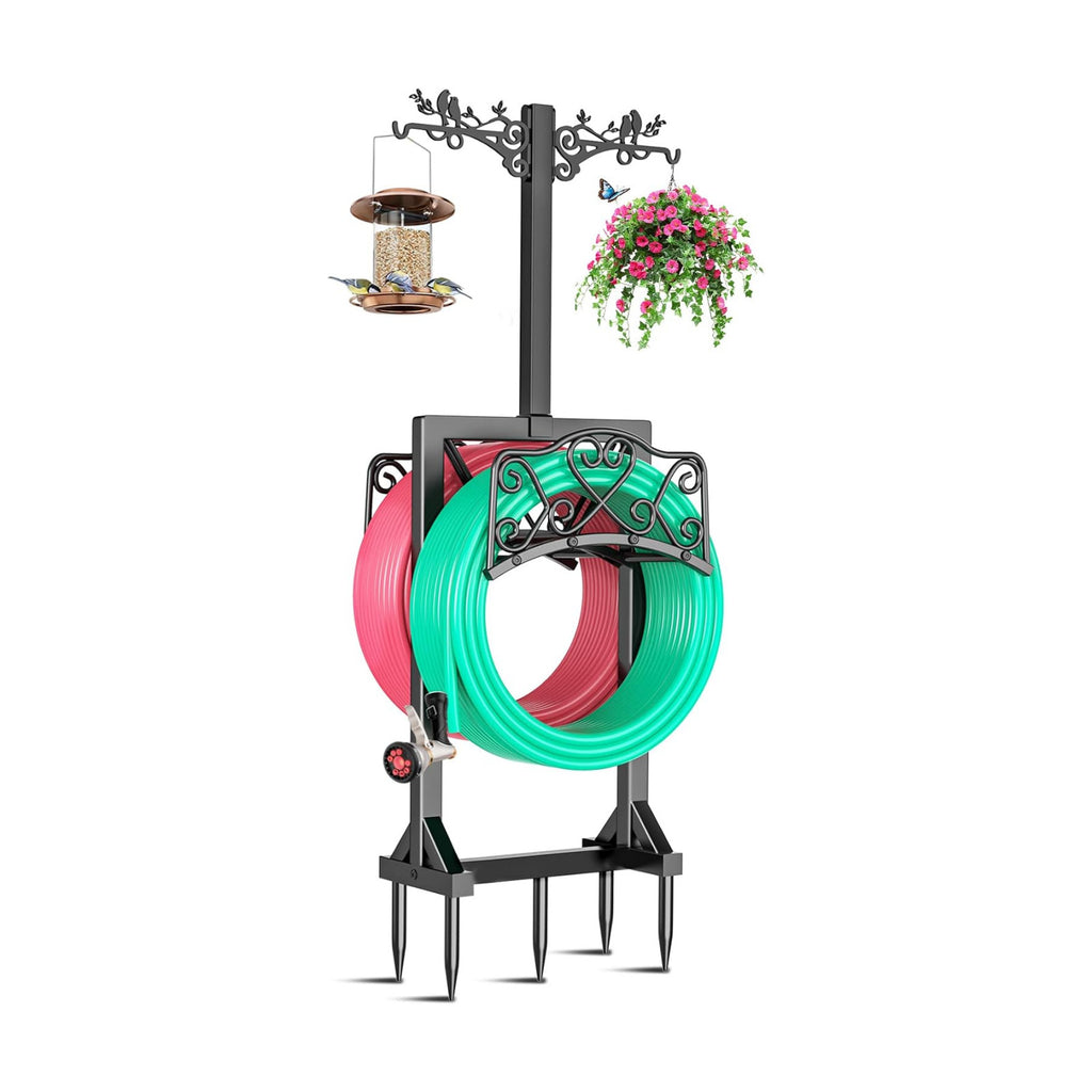 Garden Hose Holder for Outside,Water Hose Holders with 2 Bird Statue Shepherds Hooks & 5 Spikes,Double-Sided