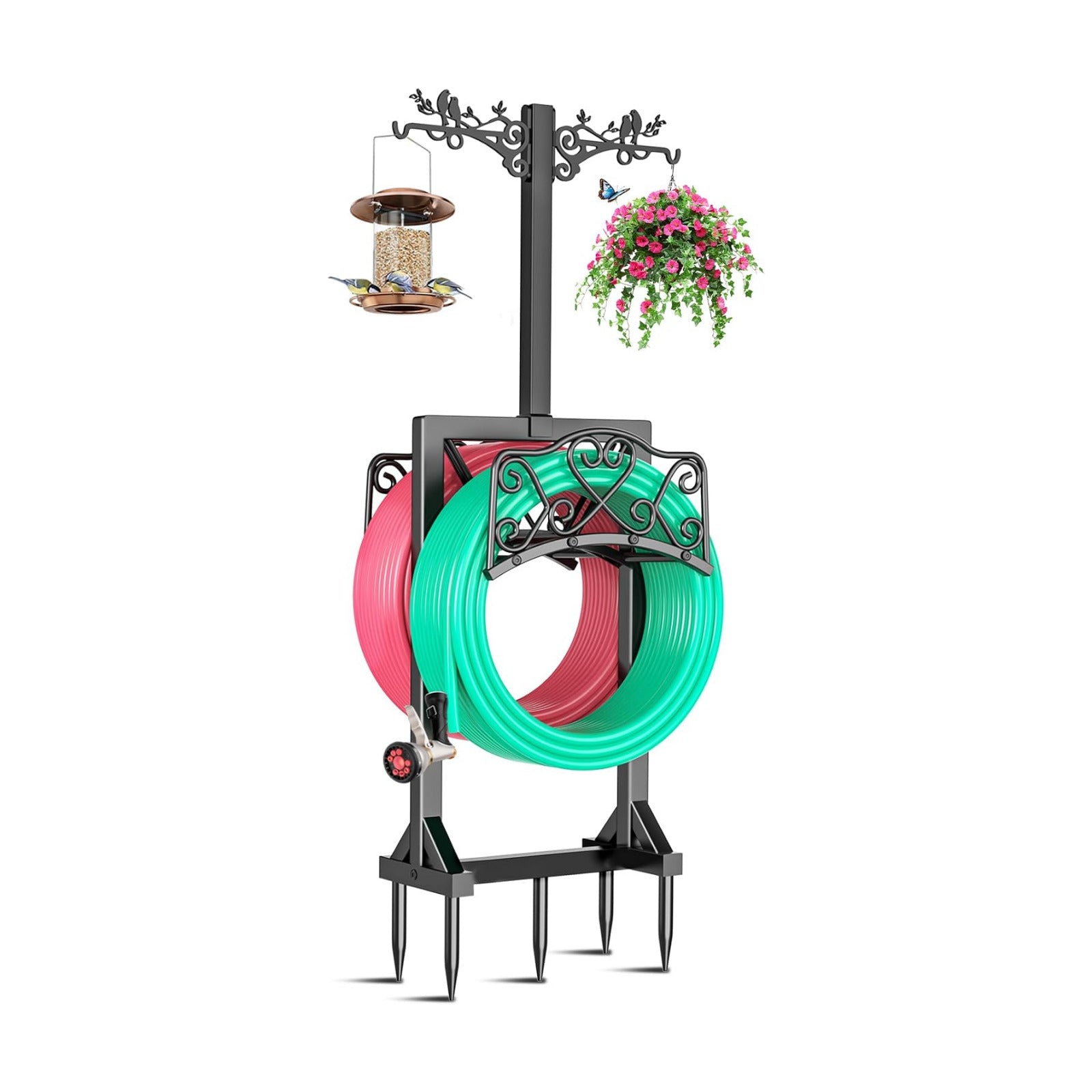 Garden Hose Holder for Outside,Water Hose Holders with 2 Bird Statue Shepherds Hooks & 5 Spikes,Double-Sided