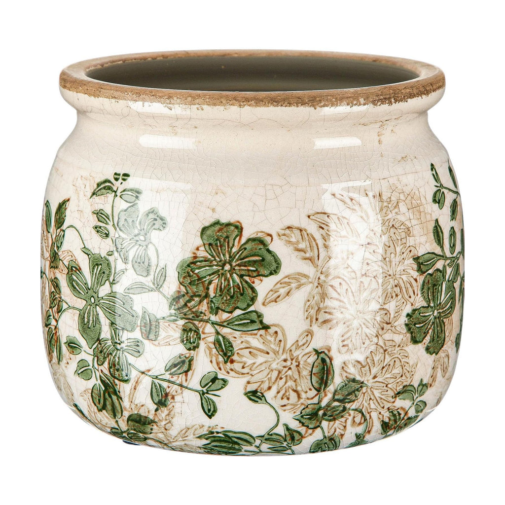 Vintage Planter Large Ceramic Plants Pot Beige Green Leaves Pot