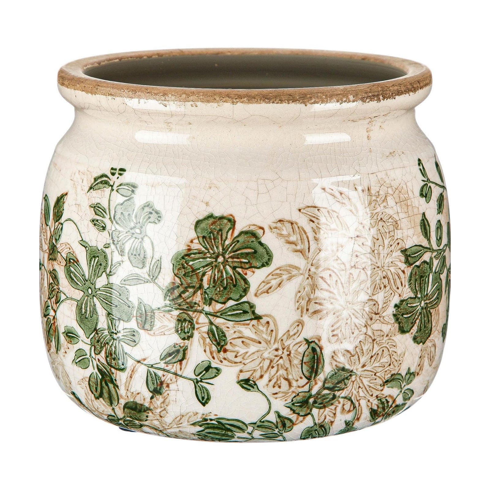Vintage Planter Large Ceramic Plants Pot Beige Green Leaves Pot