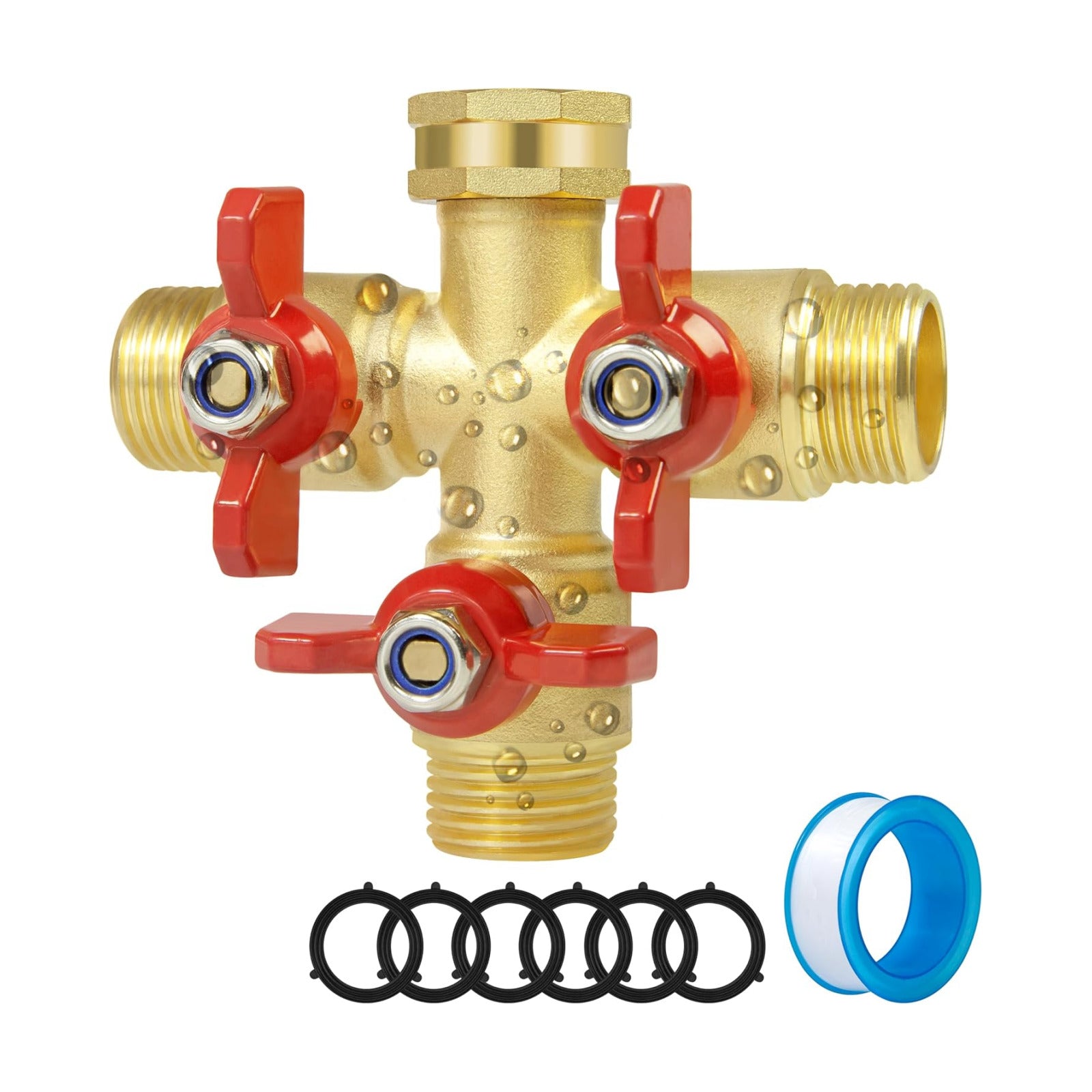 Full Flow 3 Way Hose Splitter, Solid Brass Garden Hose Splitter Valve with Metal Handle, Heavy Duty High Flow Spigot