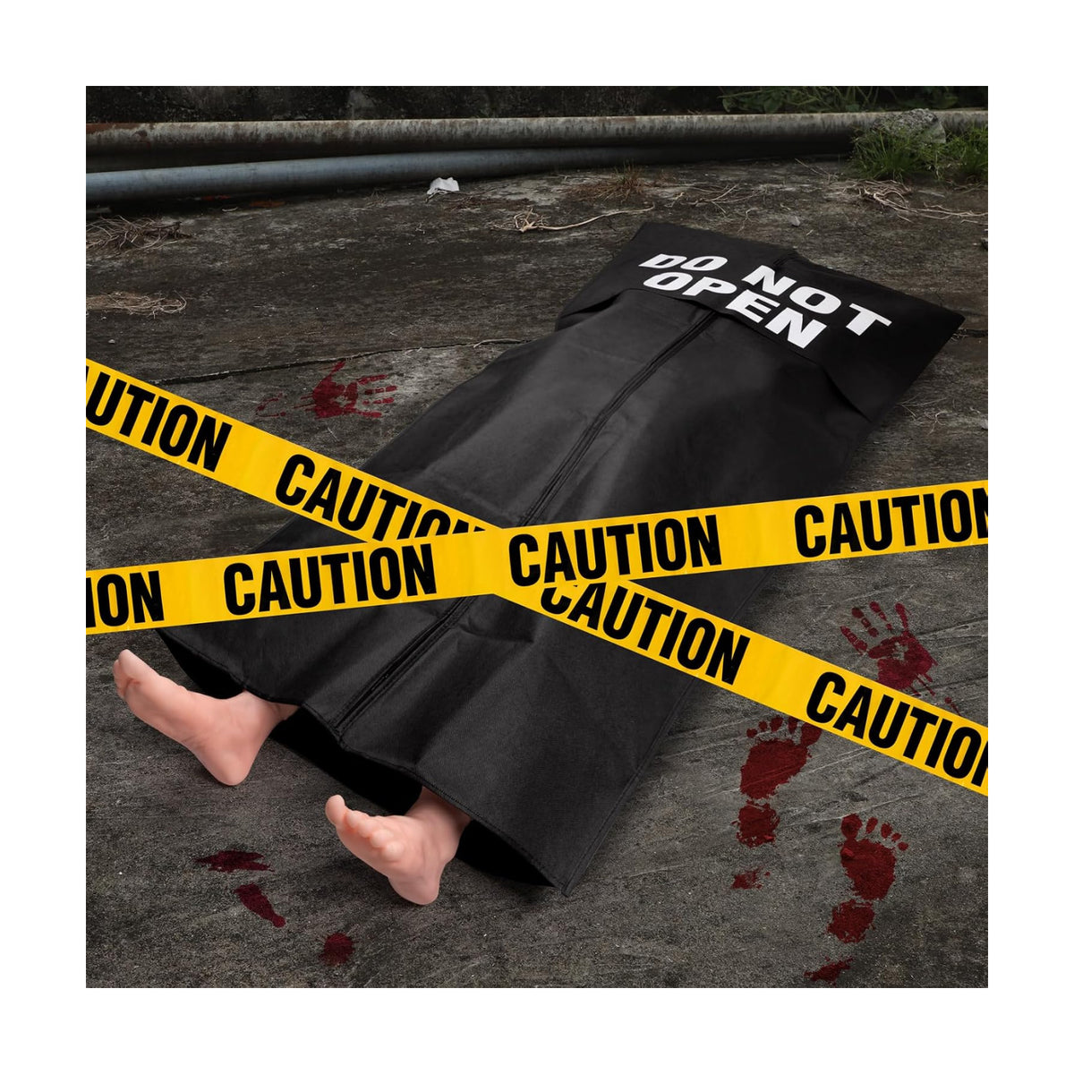 5.4ft Halloween Dead Victim Prop in Bag Outdoor Decoration: Scary Fake Corpse with Caution Tape,Bloody Footprint & Handprint Floor Clings for Haunted House Party Decor (Assembly Required)