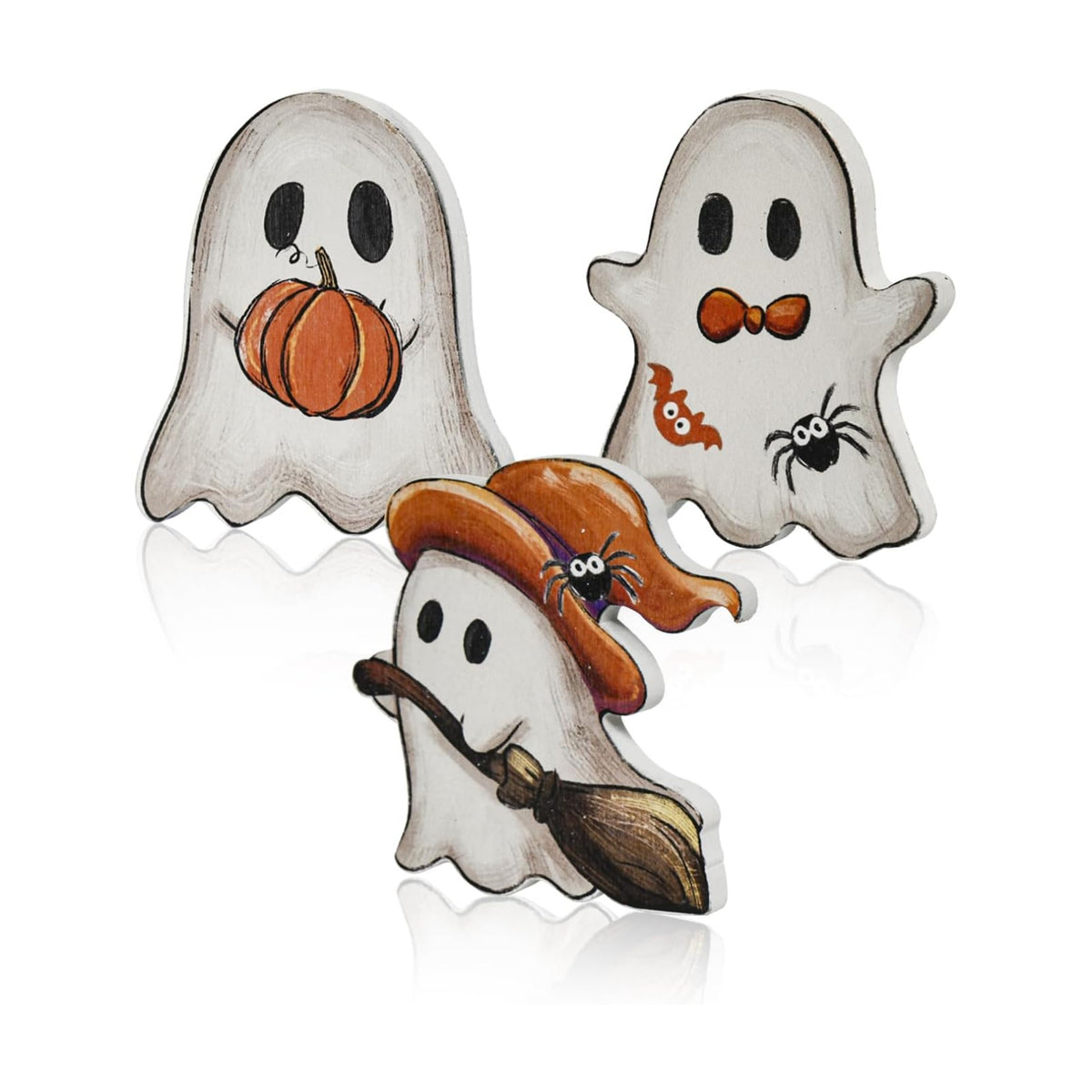 Smile 3 Pcs Wooden Blocks Signs, Happy Halloween Ghost Indoor Decor