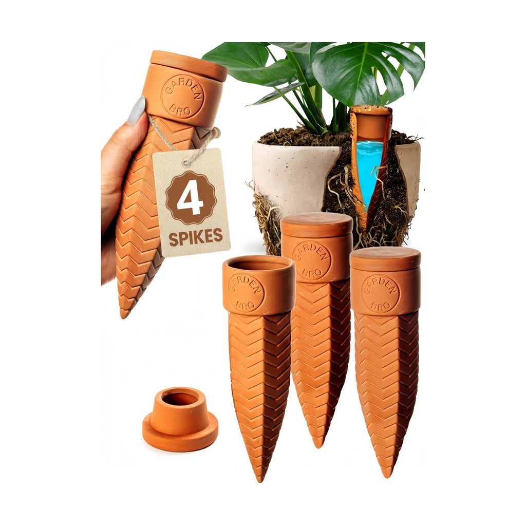4pc Olla Watering Spikes For Plant Watering With Lids - Automatic Terracotta Self Watering Spikes For Indoor Plants &