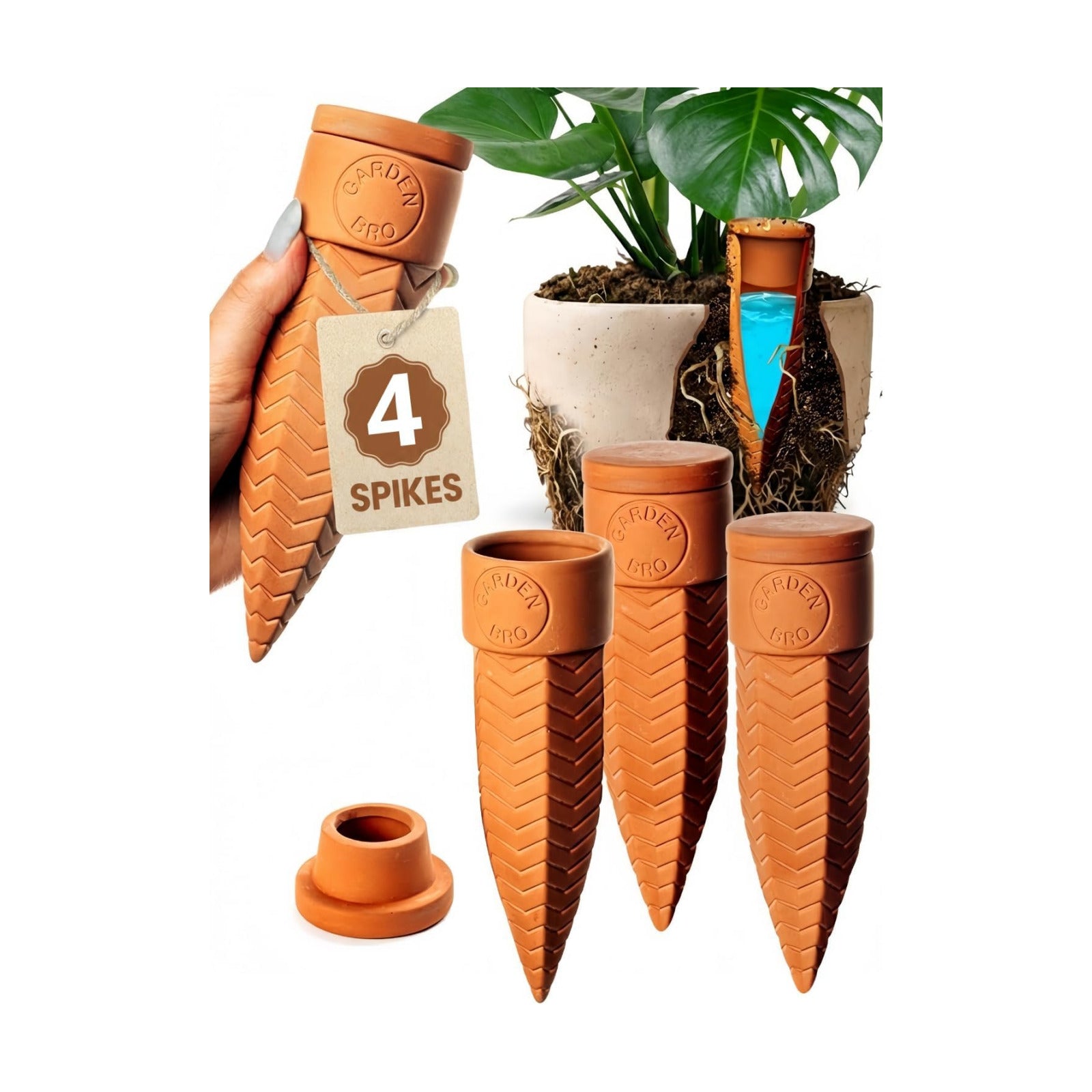 4pc Olla Watering Spikes For Plant Watering With Lids - Automatic Terracotta Self Watering Spikes For Indoor Plants &