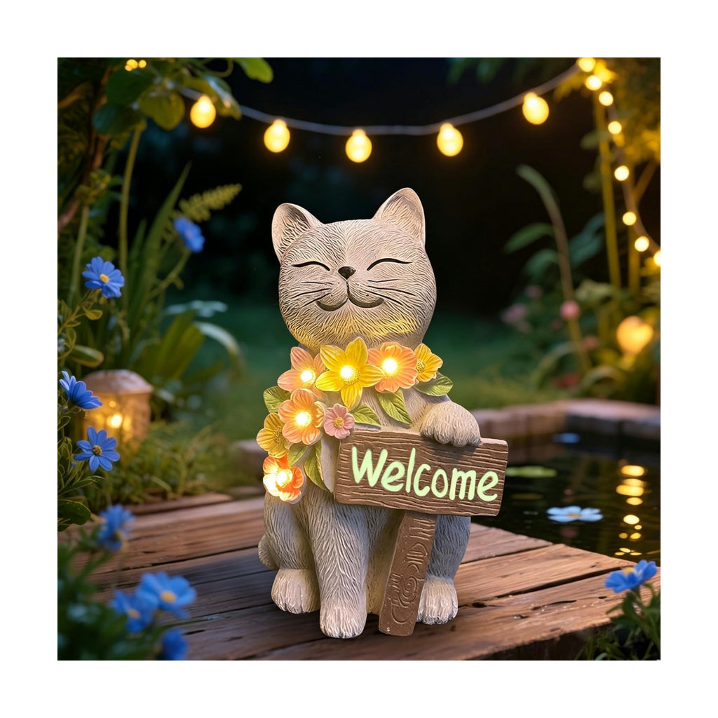 Solar Cat Garden Statue for Outdoor Decor, Cat Solar Light | Resin Welcome Cat with Flowers for Garden, Yard, Lawn