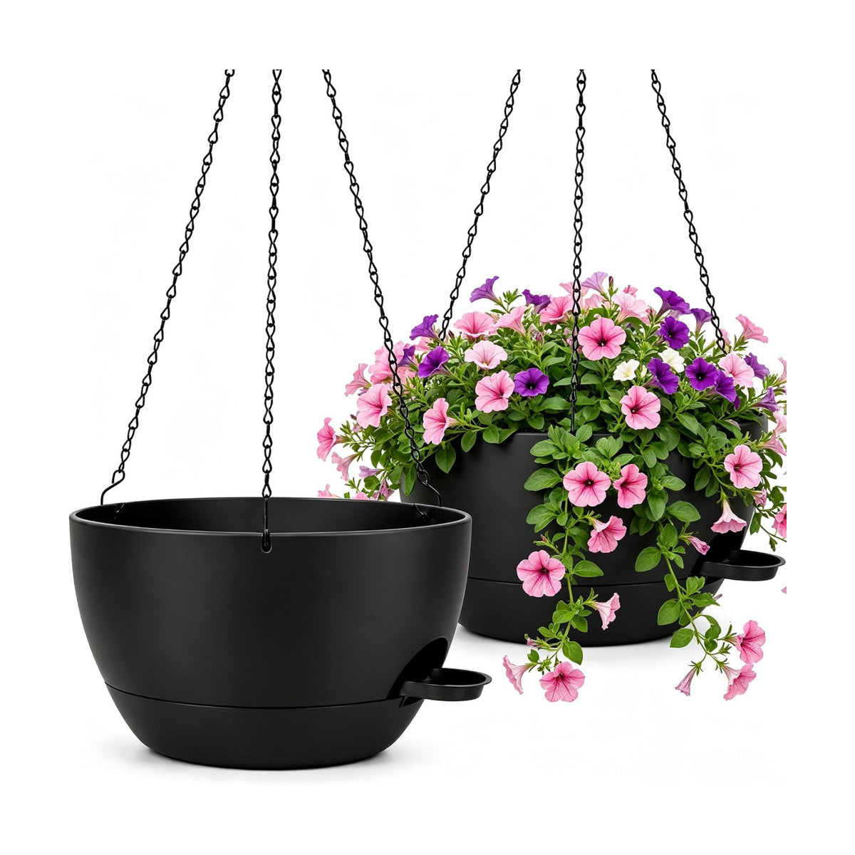 12" Self Watering Hanging Planters with Chains, Black, 2 Pack | 43 Oz removable self-watering reservoir, for