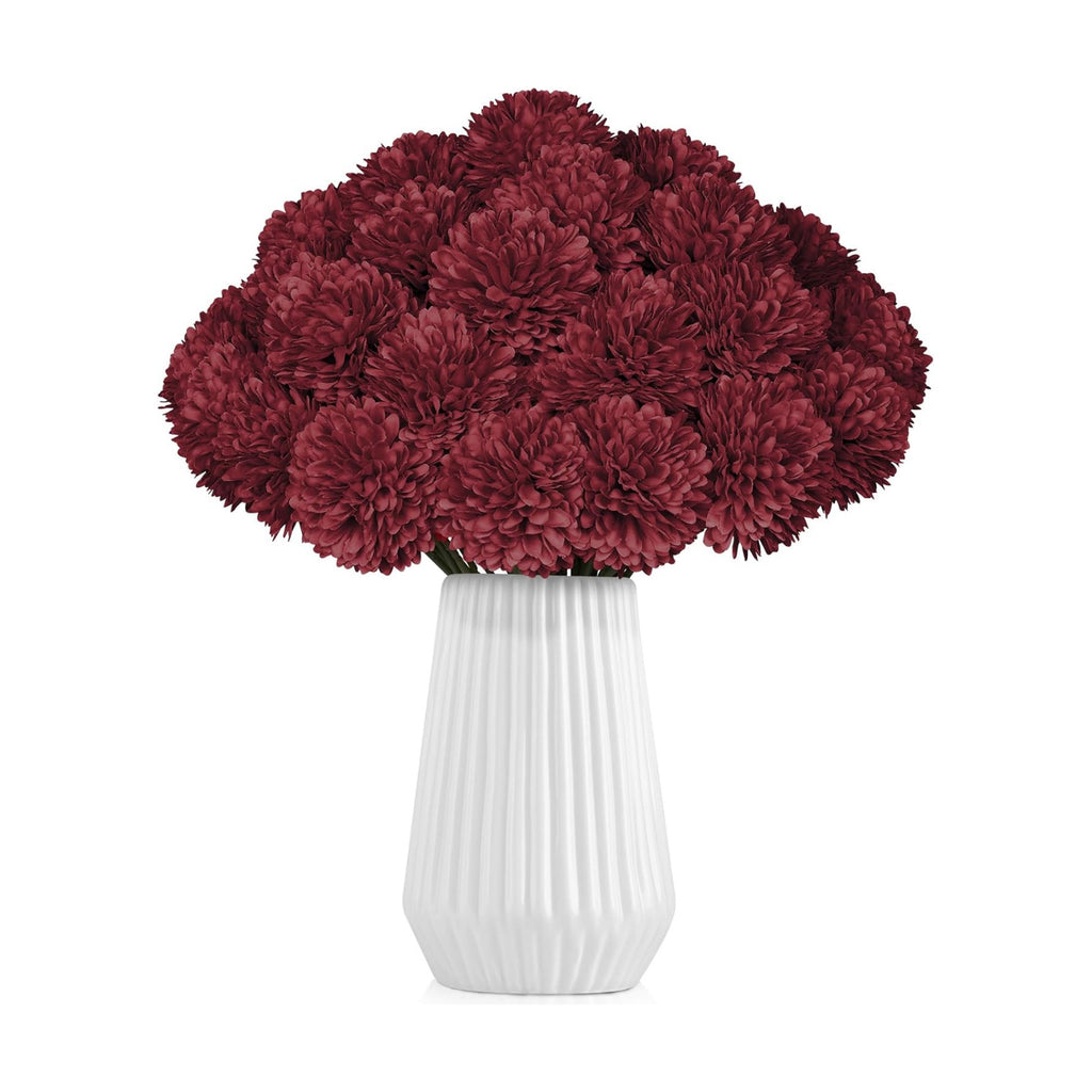 36 Pcs Burgundy Artificial Chrysanthemums Flowers Red Fake Mums Silk Ball Flowers for Fall Home Decor Wedding Table Centerpiece Christmas Floral Arrangements (Burgundy)