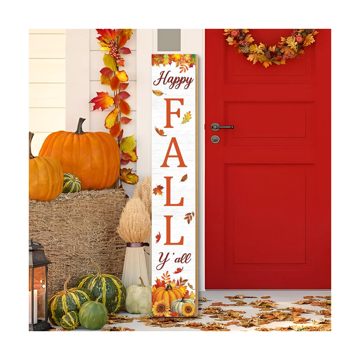 47" Fall Wooden Porch Sign Happy Fall Y' All Front Door Welcome Sign Pumpkin Maple Leaf Standing Sign Vertical Wooden Hanging Decor for Thanksgiving Garden Home Yard Farmhouse Autumn Decorations