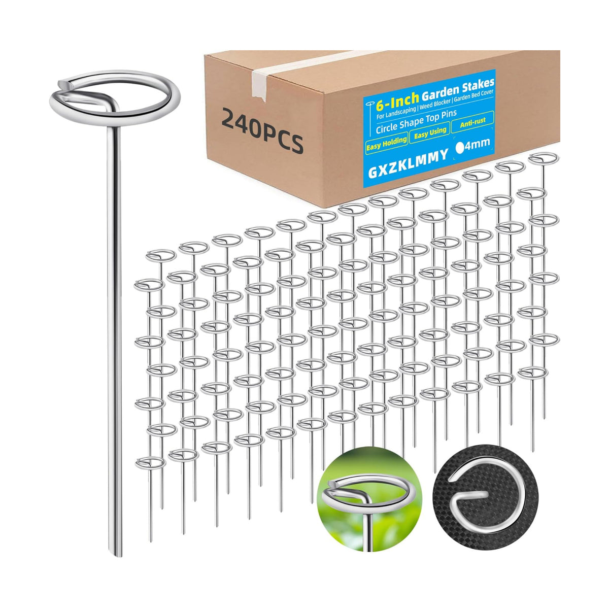 240Pcs Thick 8 Gauge 0.16 in Circle Top Landscape Fabric Pins Hard Holding,6 Inch Galvanized Landscape Fabric Stakes