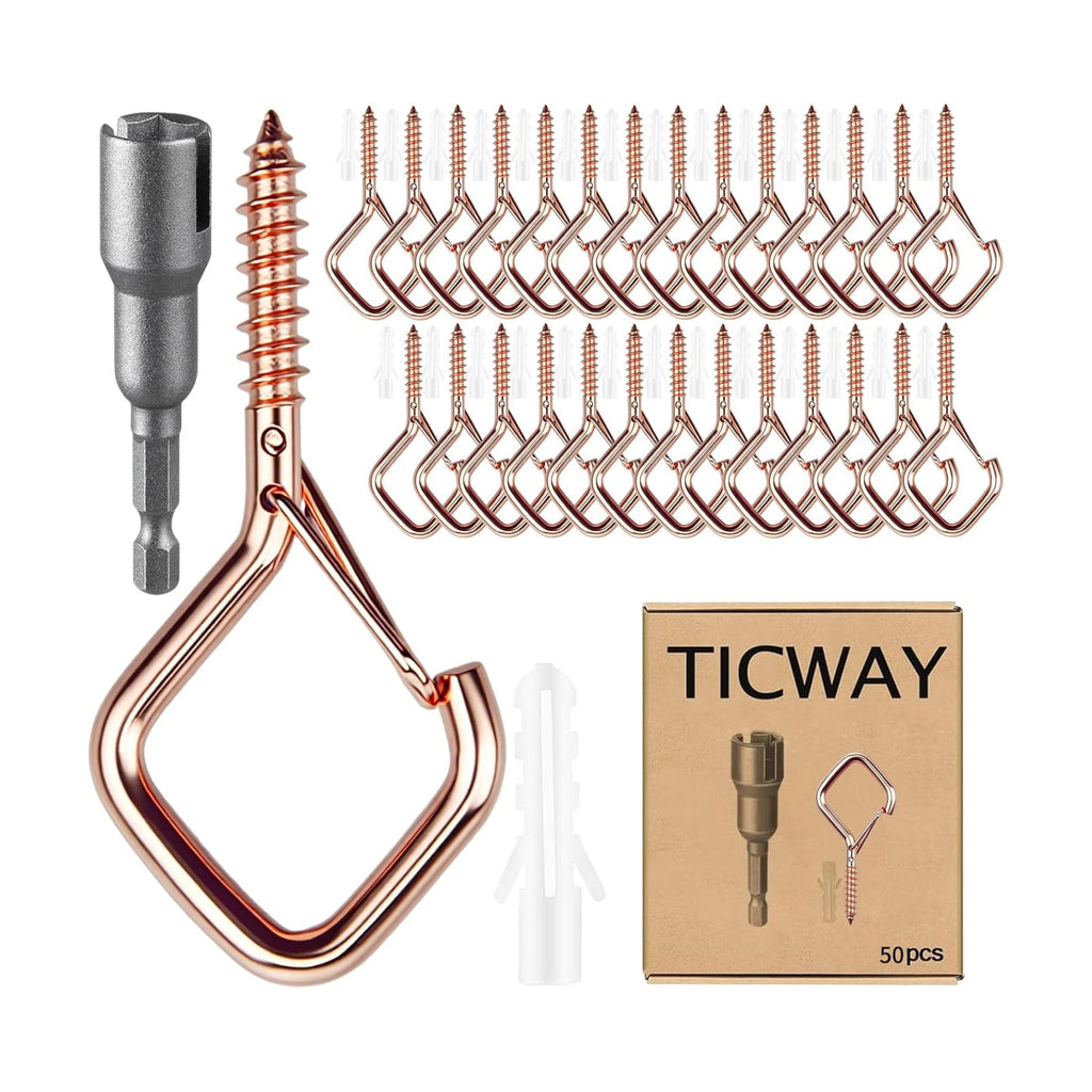 50 Pcs Outdoor Hooks for String Lights,Screw Hooks for Hanging Plants,Ceiling Hooks with Safety Buckle,Square Hanger