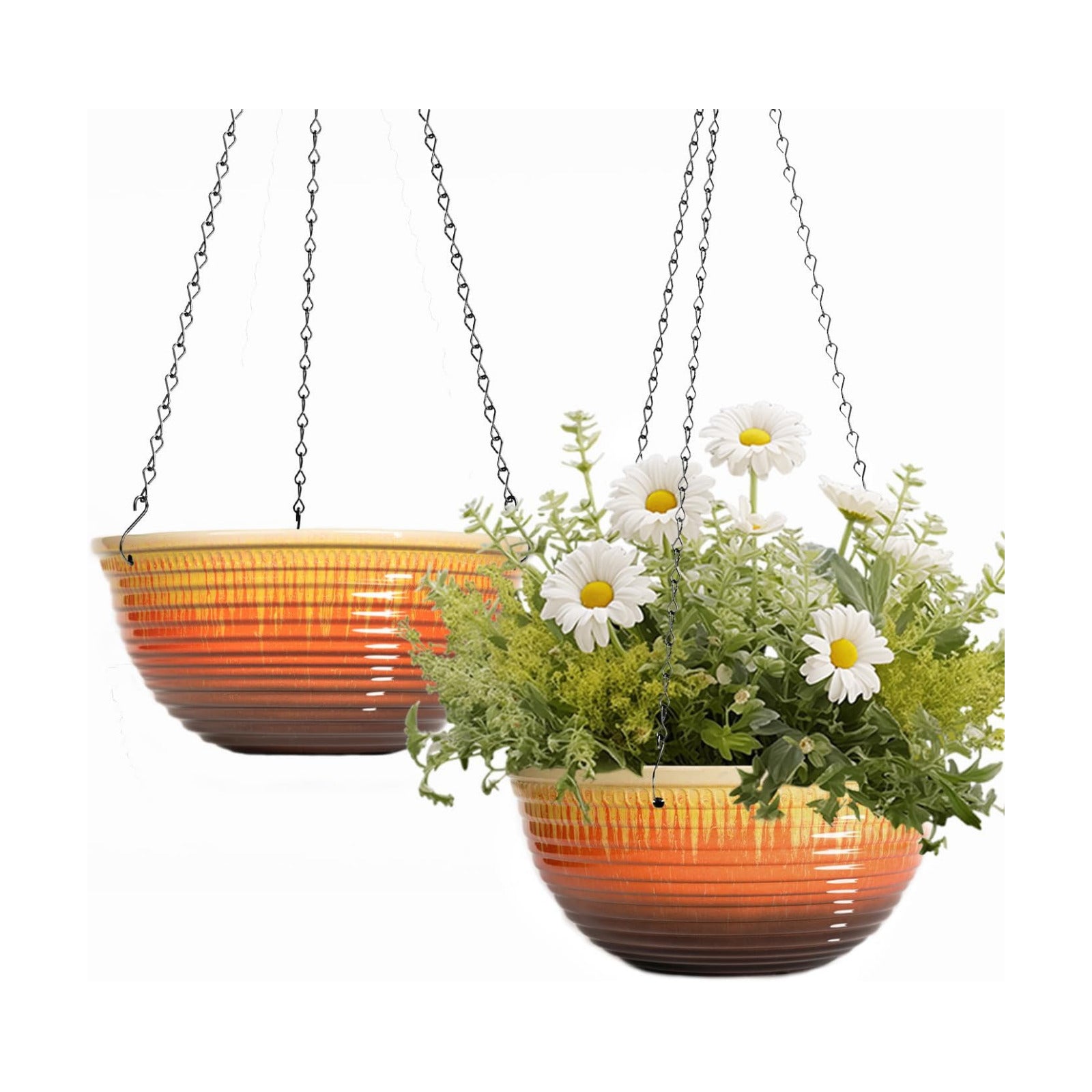 10 Inch Glazed Hanging Planters 2 Pack, Hanging Baskets with Drainage Hole | Ceramic Look, Hanging Flower Pots for