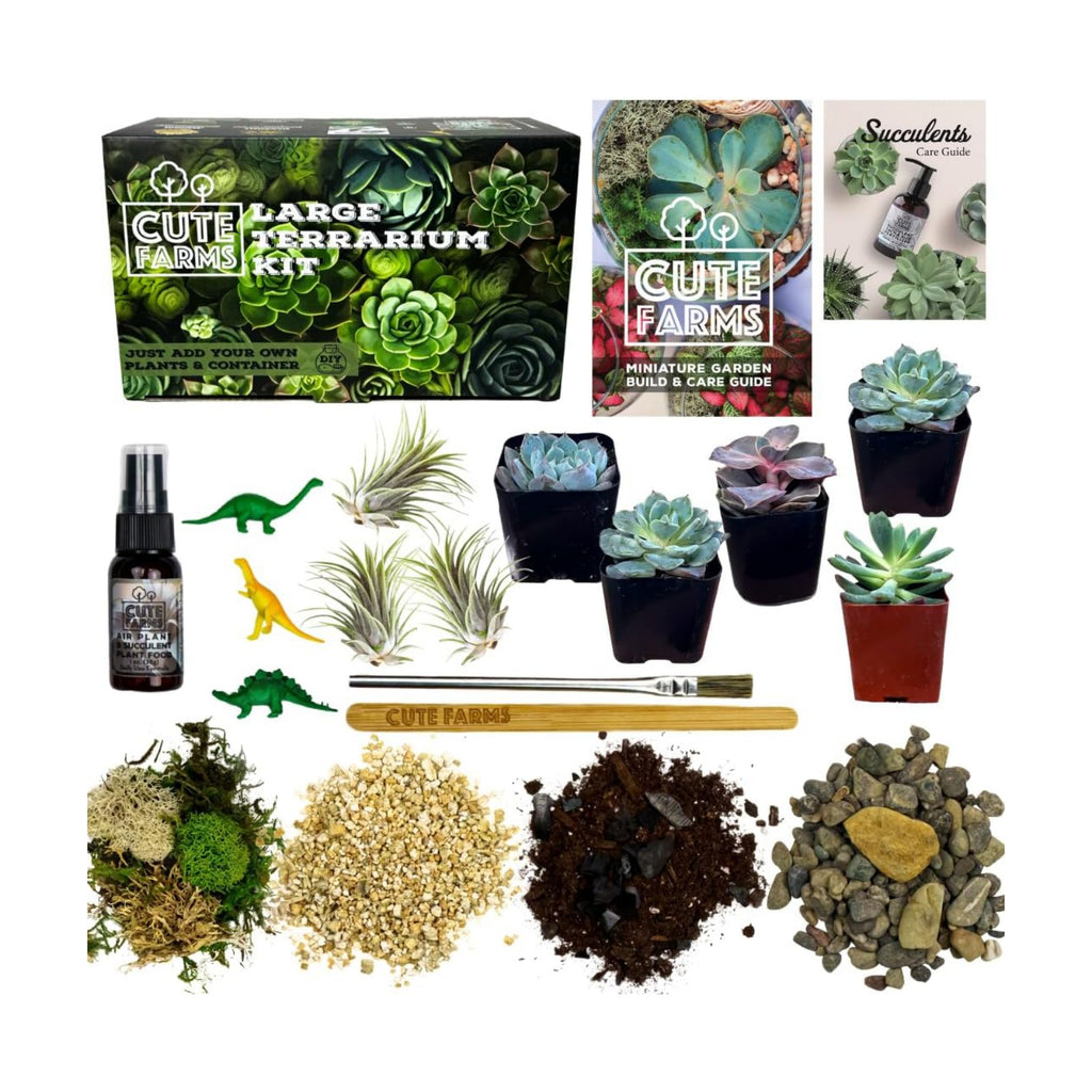Cute Farms Terrarium Starter Kit | Moss, Vermiculite, Soil, Pebbles, Plant Food, & Finishing Tools (Large + 8 Live