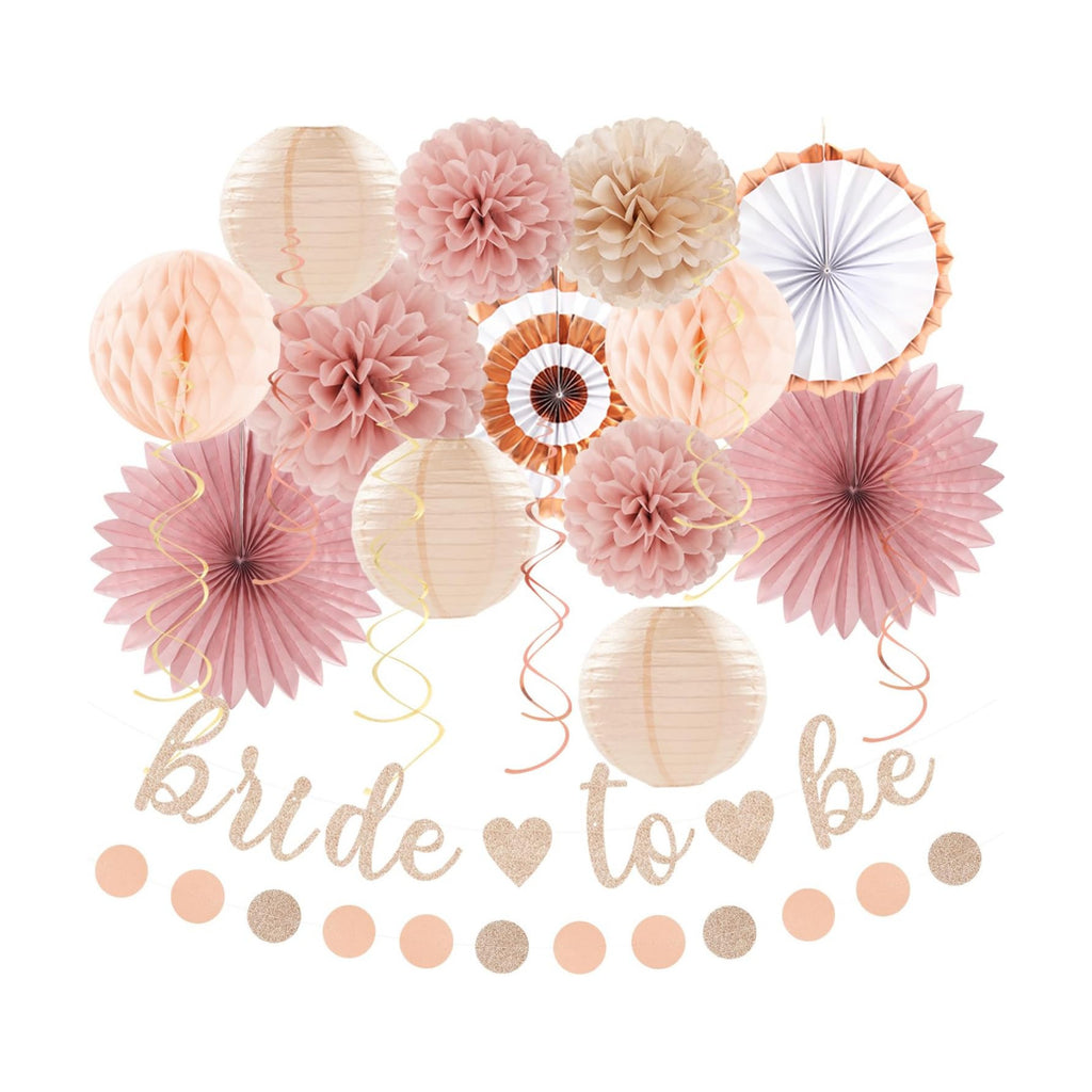 Blush-Pink Rose-Gold Bridal-Shower Party Decorations - 21pcs Bride to Be Sign Banner,Bachelorette Paper Lanterns Honeycomb,Wedding Streamers Garland,Fall Tissue Pom Poms Fans Decor Supplies Burgleda