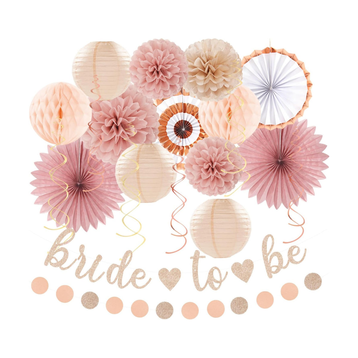 Blush-Pink Rose-Gold Bridal-Shower Party Decorations - 21pcs Bride to Be Sign Banner,Bachelorette Paper Lanterns Honeycomb,Wedding Streamers Garland,Fall Tissue Pom Poms Fans Decor Supplies Burgleda