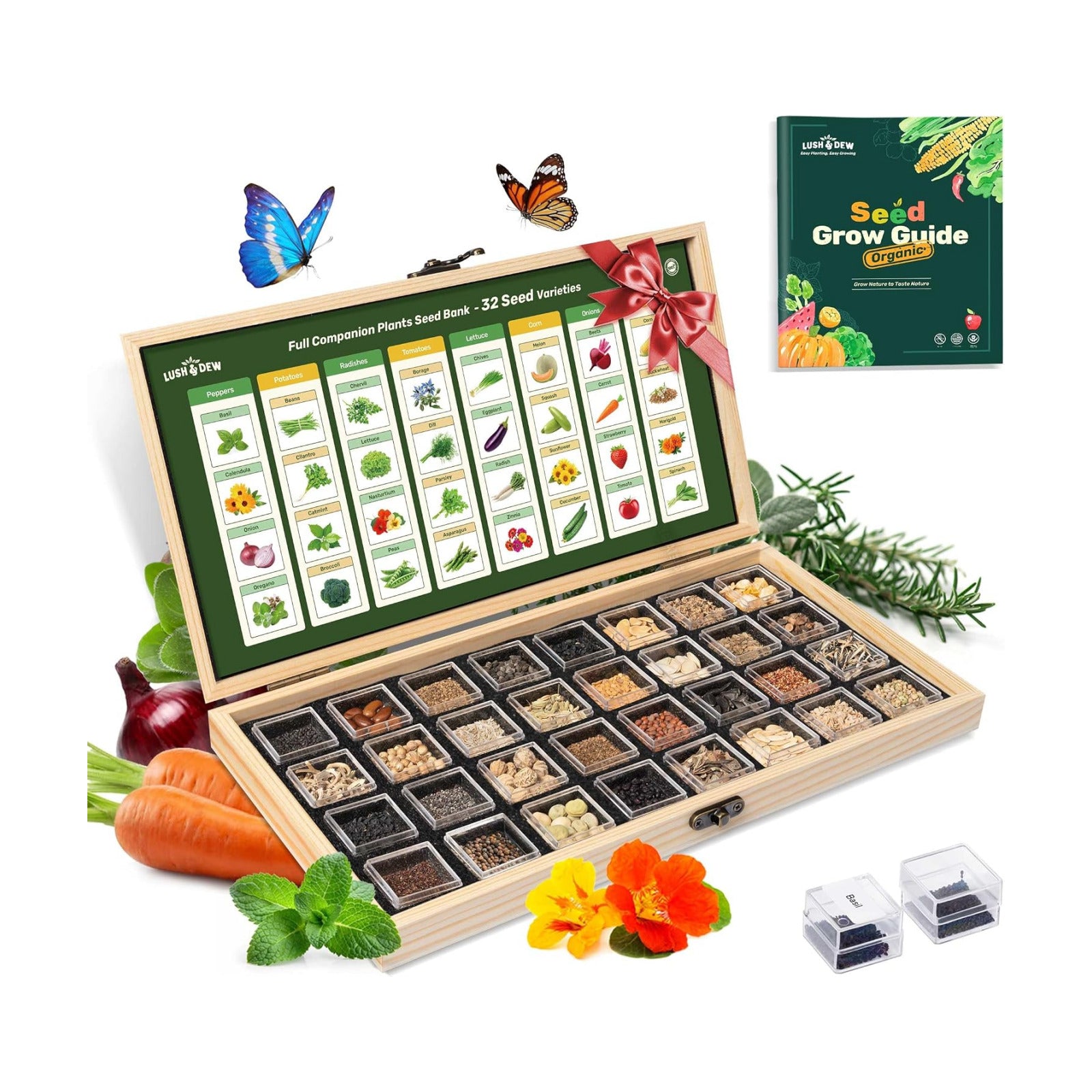 Lush&Dew Companion Plants Heirloom Seed Bank, Gardening Gifts for Women Men | 32 Varieties 30,000+ Non-GMO Vegetable