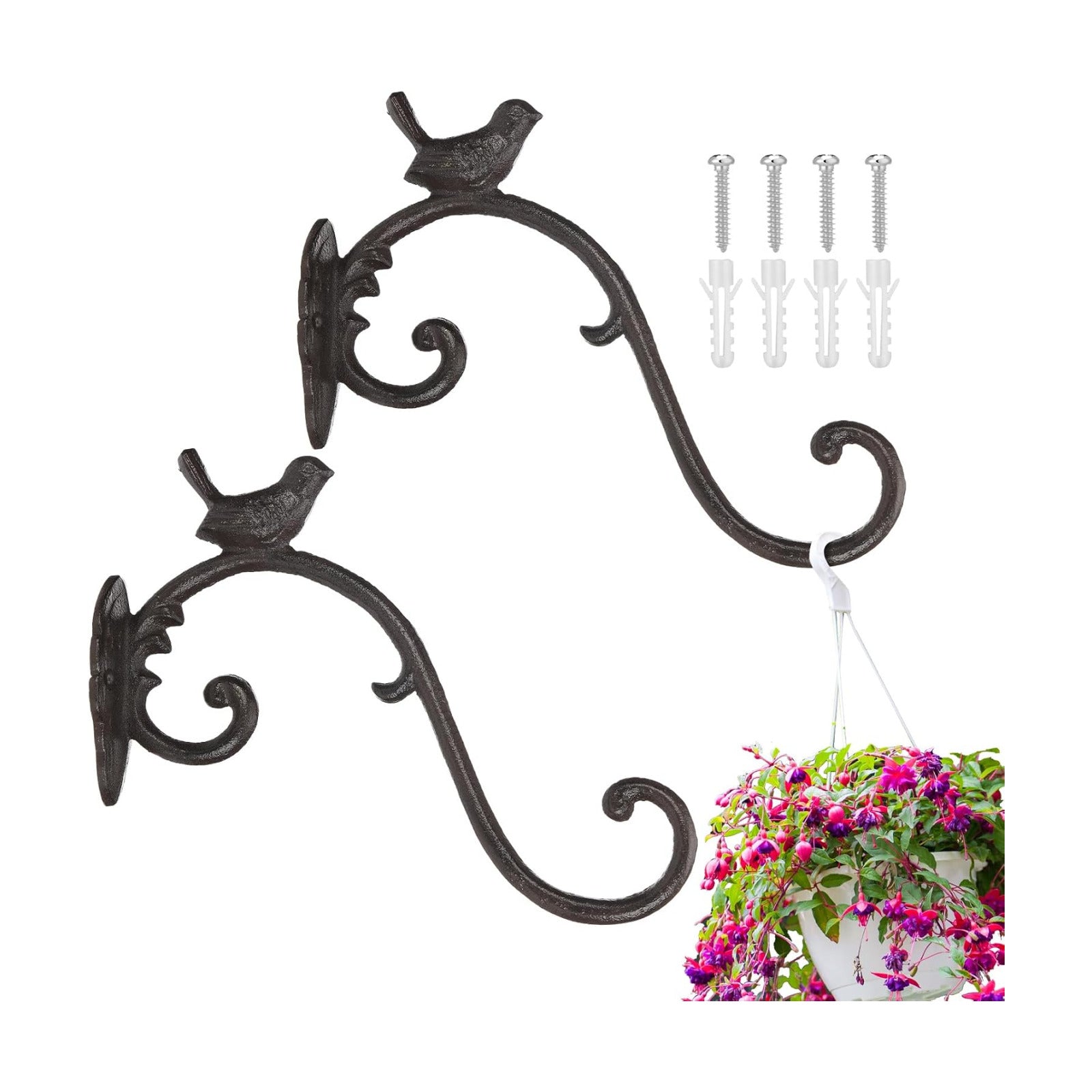 2 Pcs Cast Iron Plant Hangers Outdoor 10" Heavy Duty Hanging Basket Brackets Lovely Bird Shape Decorative Wall Hangers