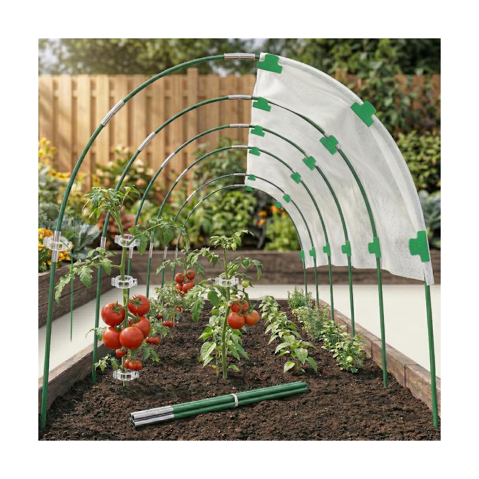 60PCS Garden Hoops for Raised Beds & 30PCS Tomato Clips, Greenhouse Hoops for Netting, Rust-Free Diameter 0.23” Plant