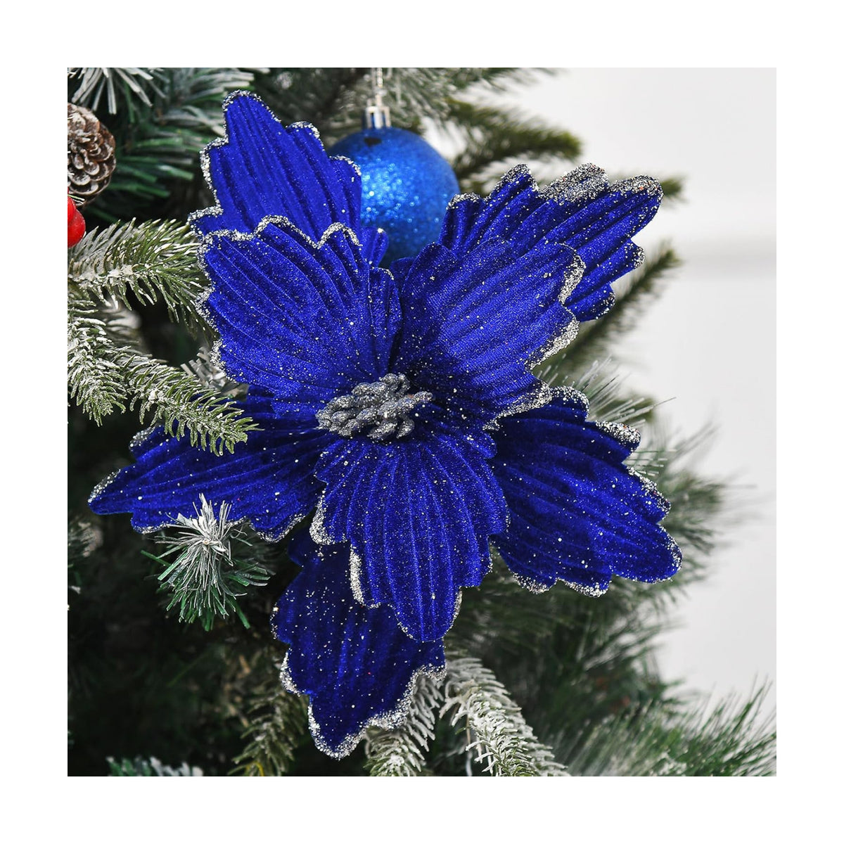 10 PCS Glitter Poinsettias, 8.7" Artificial Christmas Flowers, Royal Blue