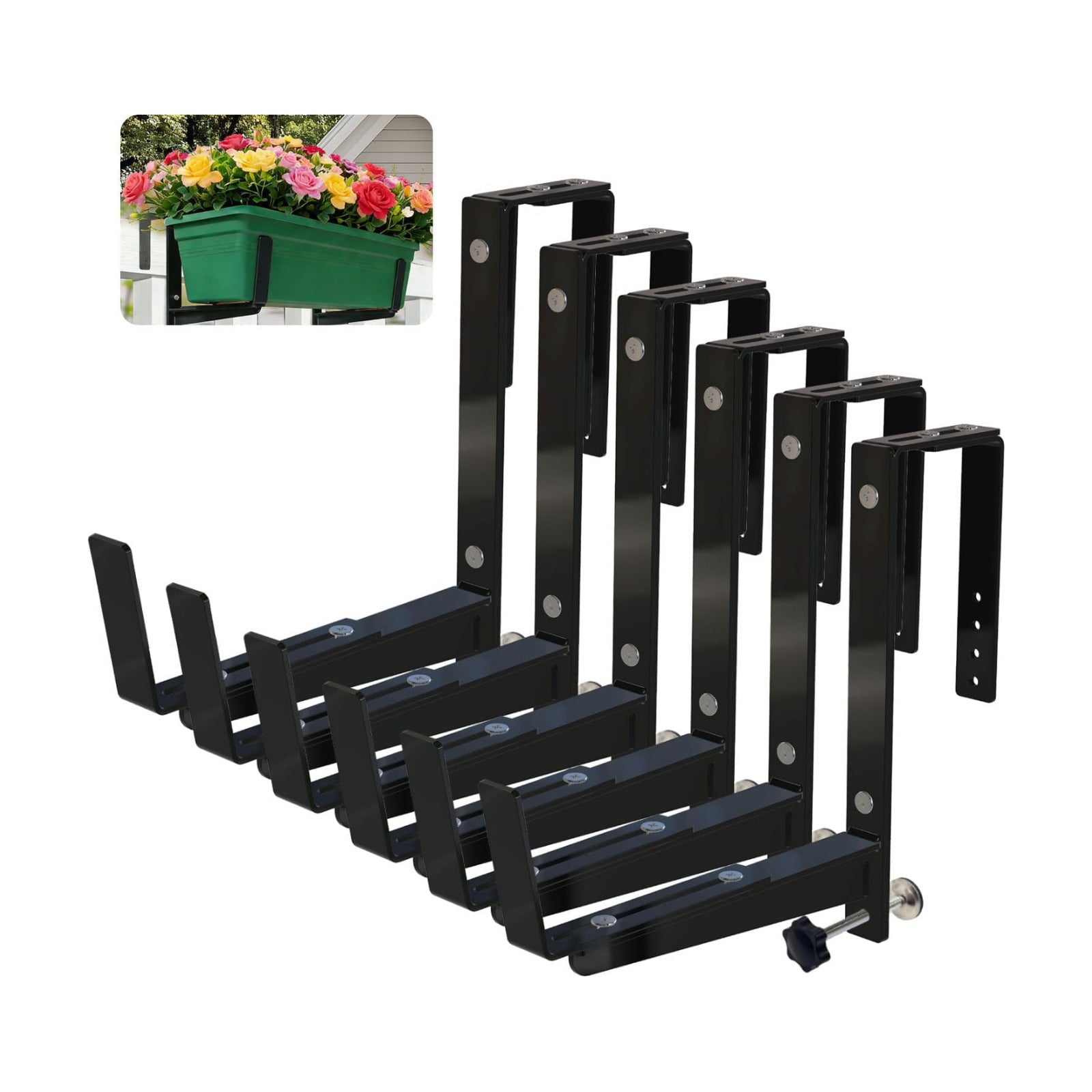 Heavy Duty Adjustable Window Box Brackets | Iron Planter Box Hangers, Reinforced Bottom Support, For Balcony, Fence