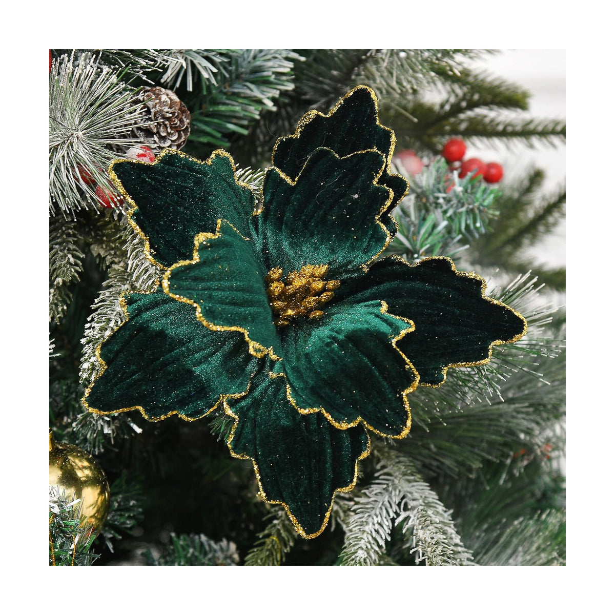 10 PCS Glitter Poinsettias, 8.7" Artificial Christmas Flowers, Dark Green