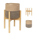 Plant Basket with Stand, Indoor Round Wicker Basket Plant with Bamboo Wood Stand, Decorative Woven Rope Flower Indoor Planter with Legs, Boho Bamboo Wood Planter Holder (Jute Black Stripes)