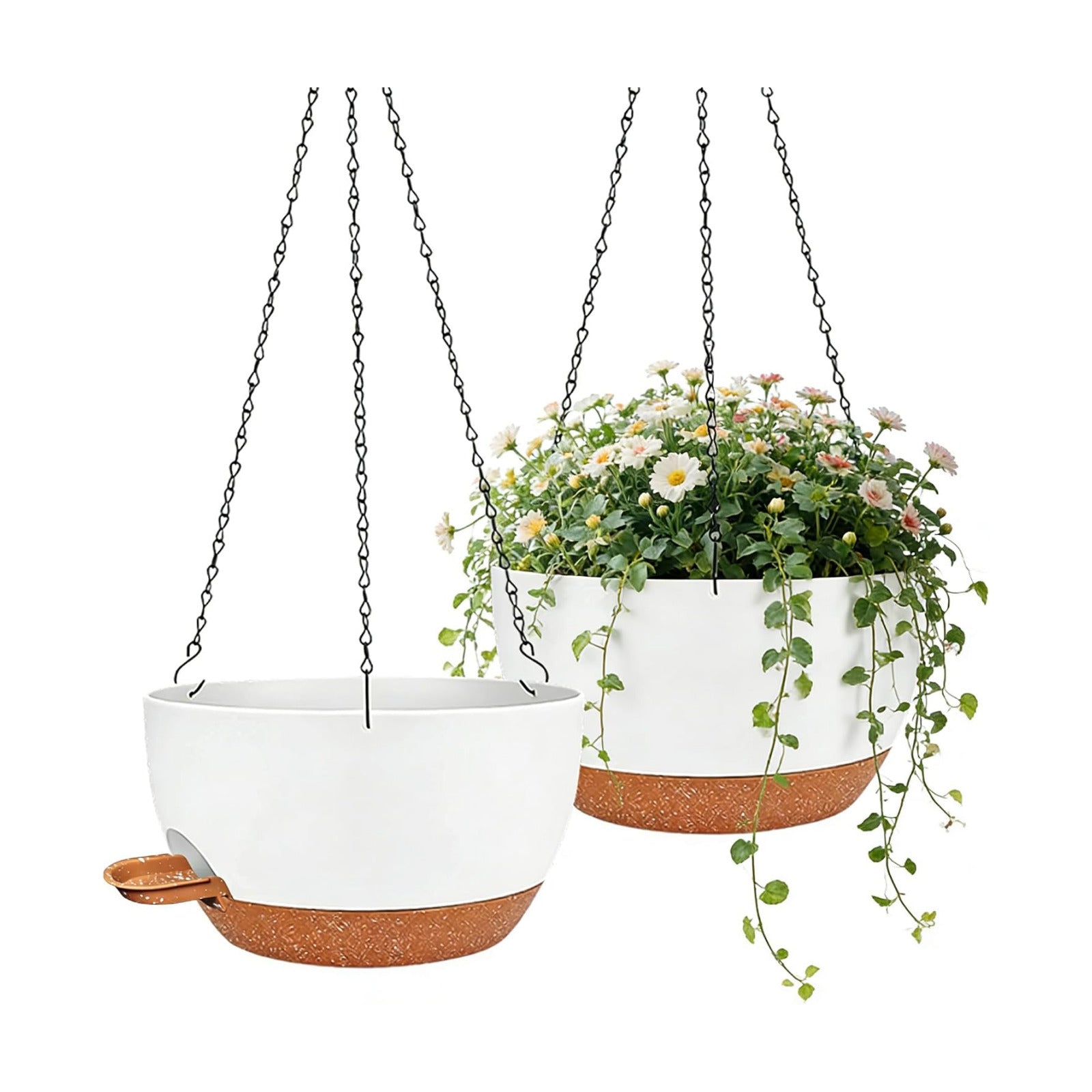 12 Inch Self Watering Hanging Planters 2 Pack, White Brown | Plastic planters with drainage holes and saucers. Suitable