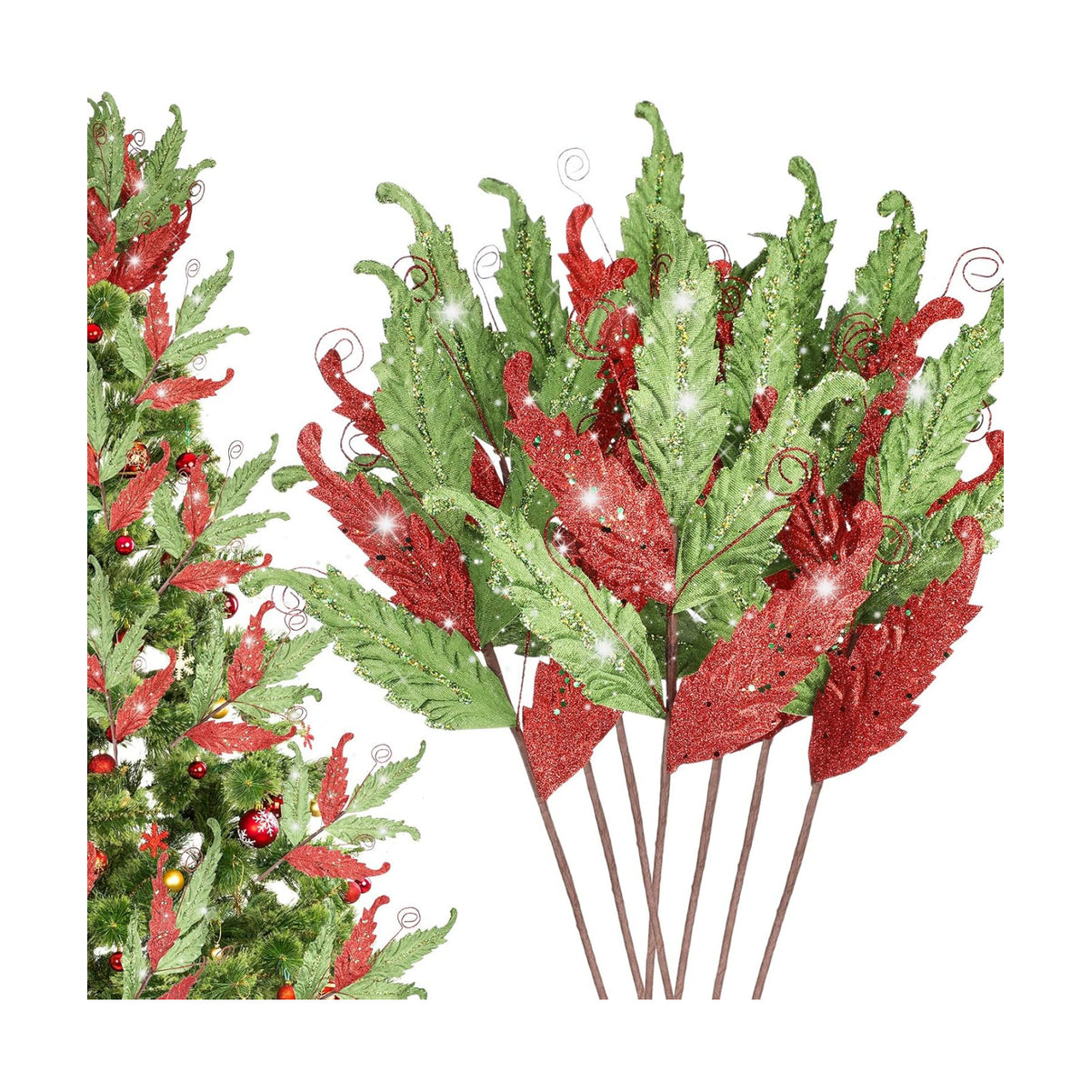 HyDren 10 Pcs Christmas Glitter Leaves Ornaments, Red and Green