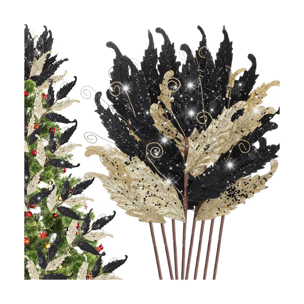 HyDren 10 Pcs Christmas Glitter Leaves Ornaments, Gold and Black