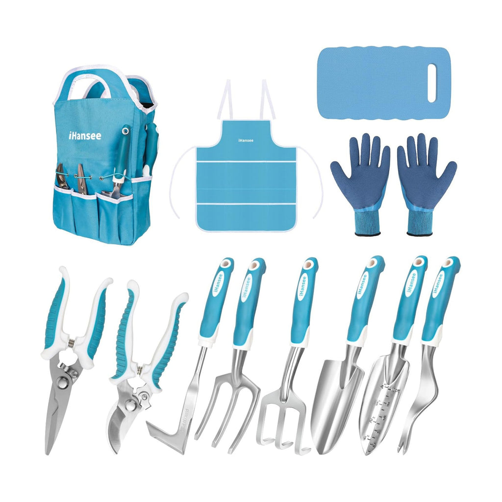 Blue Garden Tools Set 12-Piece, Gardening Gifts for Women Men | Aluminum Gardening Hand Tool with Non-Slip Handle