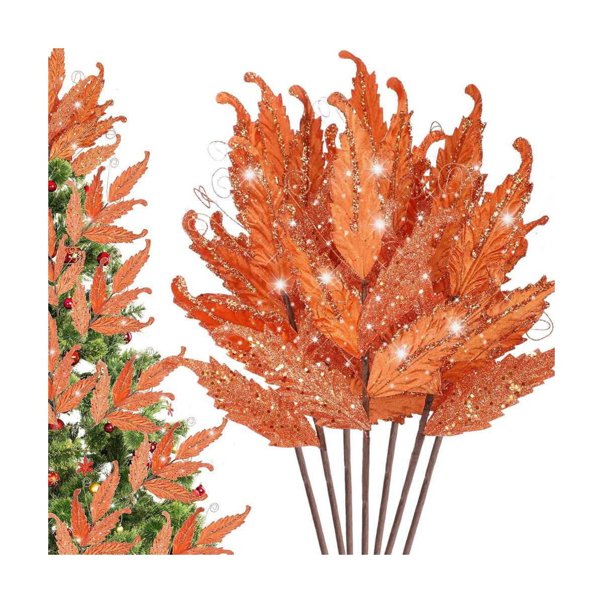 HyDren 10 Pcs Christmas Glitter Leaves Ornaments, Orange