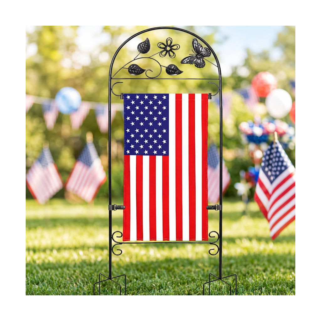 AceList Garden Flag Holder Stand, Wrought Iron 8-Prong, for 12x18 | Windproof butterfly yard pole with velcro clips
