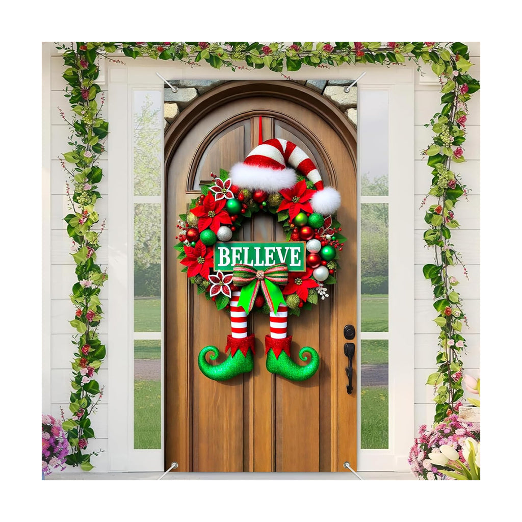 BlissYard Christmas Door Cover Believe Elf 35x71 Inch Polyester
