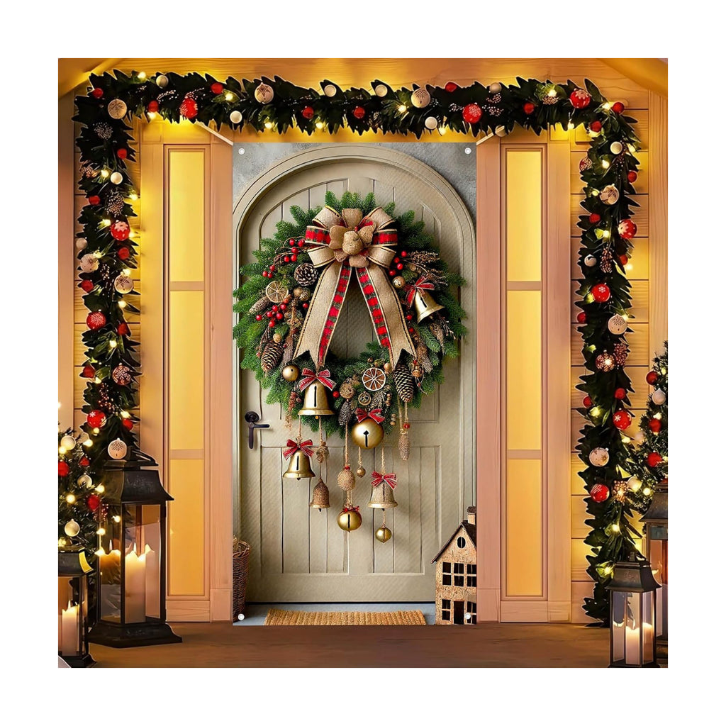 BlissYard Christmas Door Cover Bell Bow 35x71 Inch Polyester