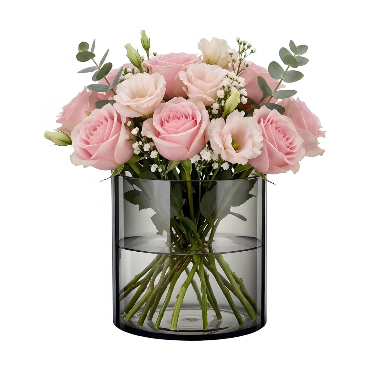 Flower Vase, Non-breakable Vases, 6" W x 6" H, Acrylic Grey Vase, Aesthetic Room Decor Cylindrical Modern Flower Vases for Table Centerpiece, Home Decor, Women Floral Arrangement Gift