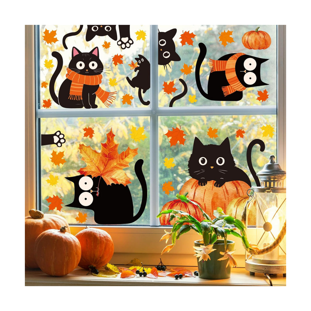 Whaline 6 Sheets Fall Window Clings Cute Black Cat Pumpkin Maple Leaf Reusable Window Decals for Autumn Harvest Thanksgiving Party Supplies Home Classroom Office Decor
