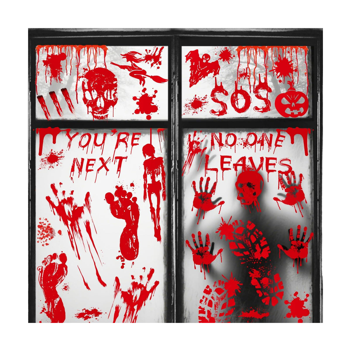 AhfuLife 108Pcs Halloween Window Clings, 9 Sheets Reusable Halloween Blood Handprint Window Stickers Removable Stickers for Kids Home Window Indoor Party Decorations
