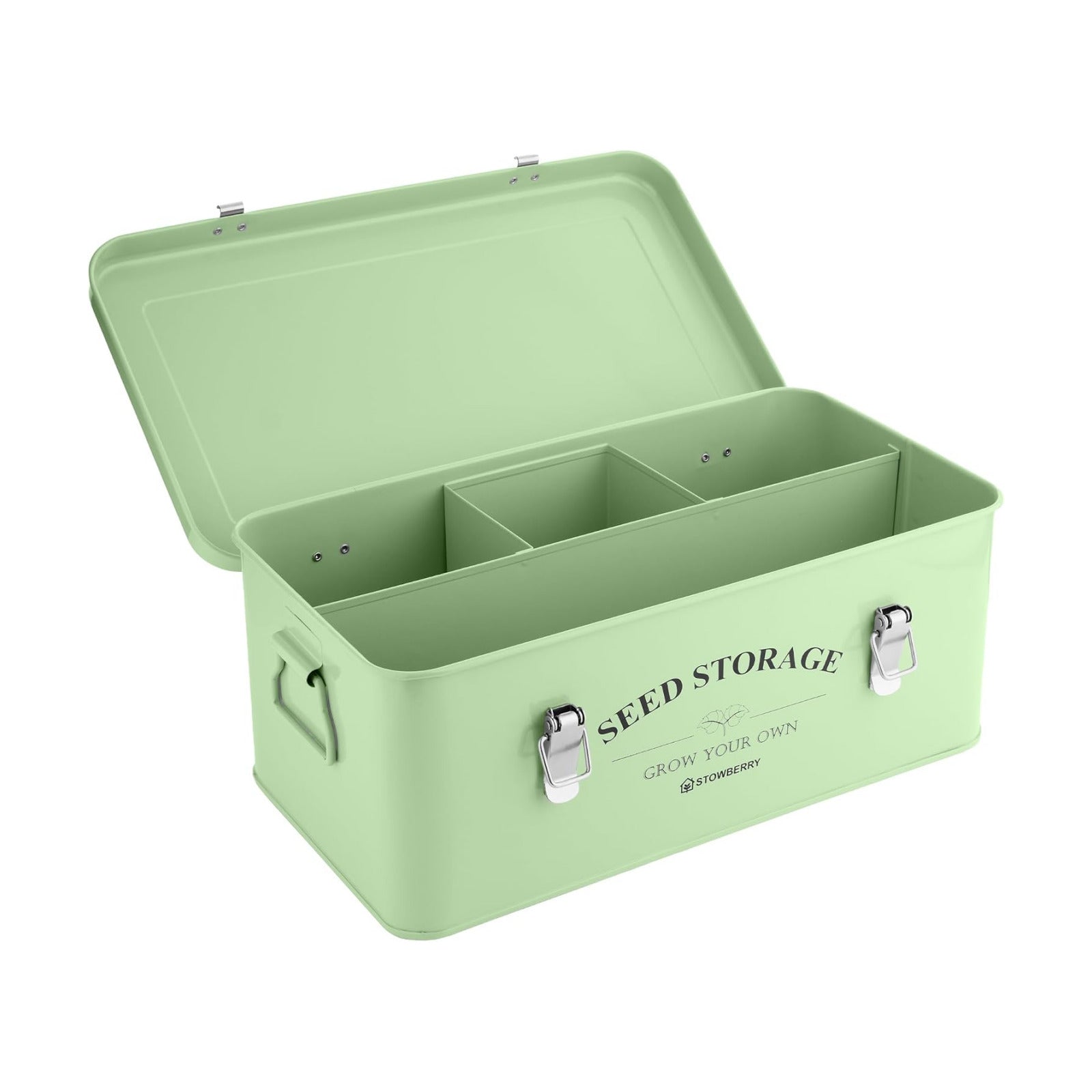Seed Storage Box Organizer – Green Garden Seeds Tin with Lid, Side Handles, 4 Compartments & Safety Lock – Seed Packet