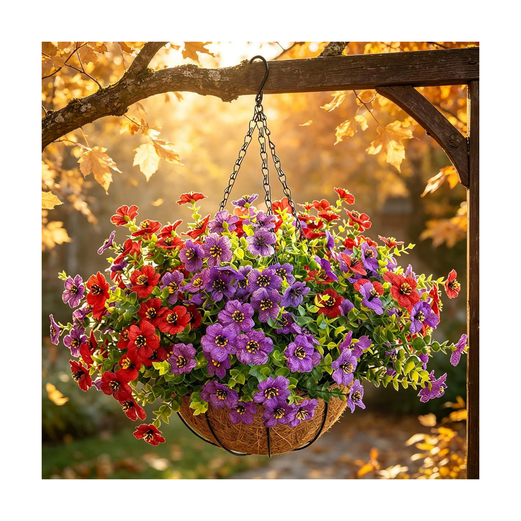 Artificial Hanging Flowers, UV Resistant, 12 Bundles, Red Purple