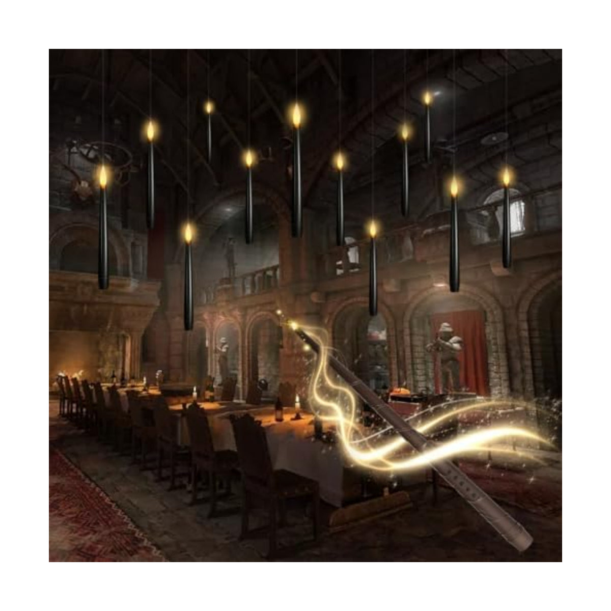 kakoya Flameless Floating Candles with Wand，12 Pcs Magic LED Hanging Taper Candles，Flickering Battery Operated Taper Candle with Wand Remote for Halloween Decorations Best Gift（Black）