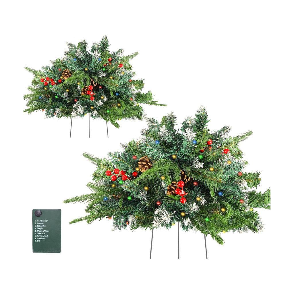 2 Pack Christmas Tree Urn Filler, Lighted Artificial Xmas Pine Trees with Tripod Stake, Light Up 8 Modes & Timer, Battery Powered Outdoor Planter Filler Festival Holiday Home Decor