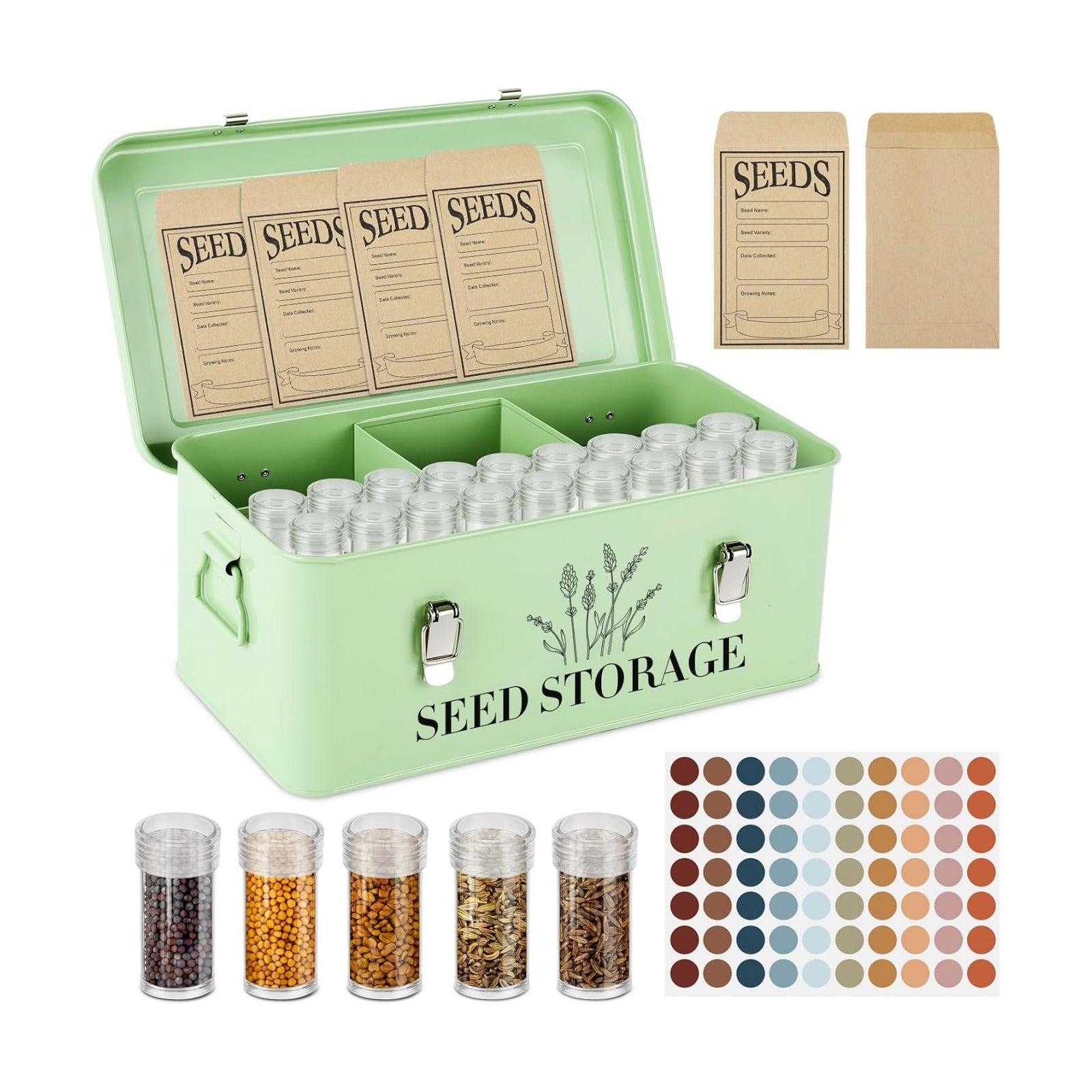 Seed Storage Box , Metal Seed Organizer Saving Box, Seeds Packet Container | with 4 Dividers,With 60 Slots 60 Seeds