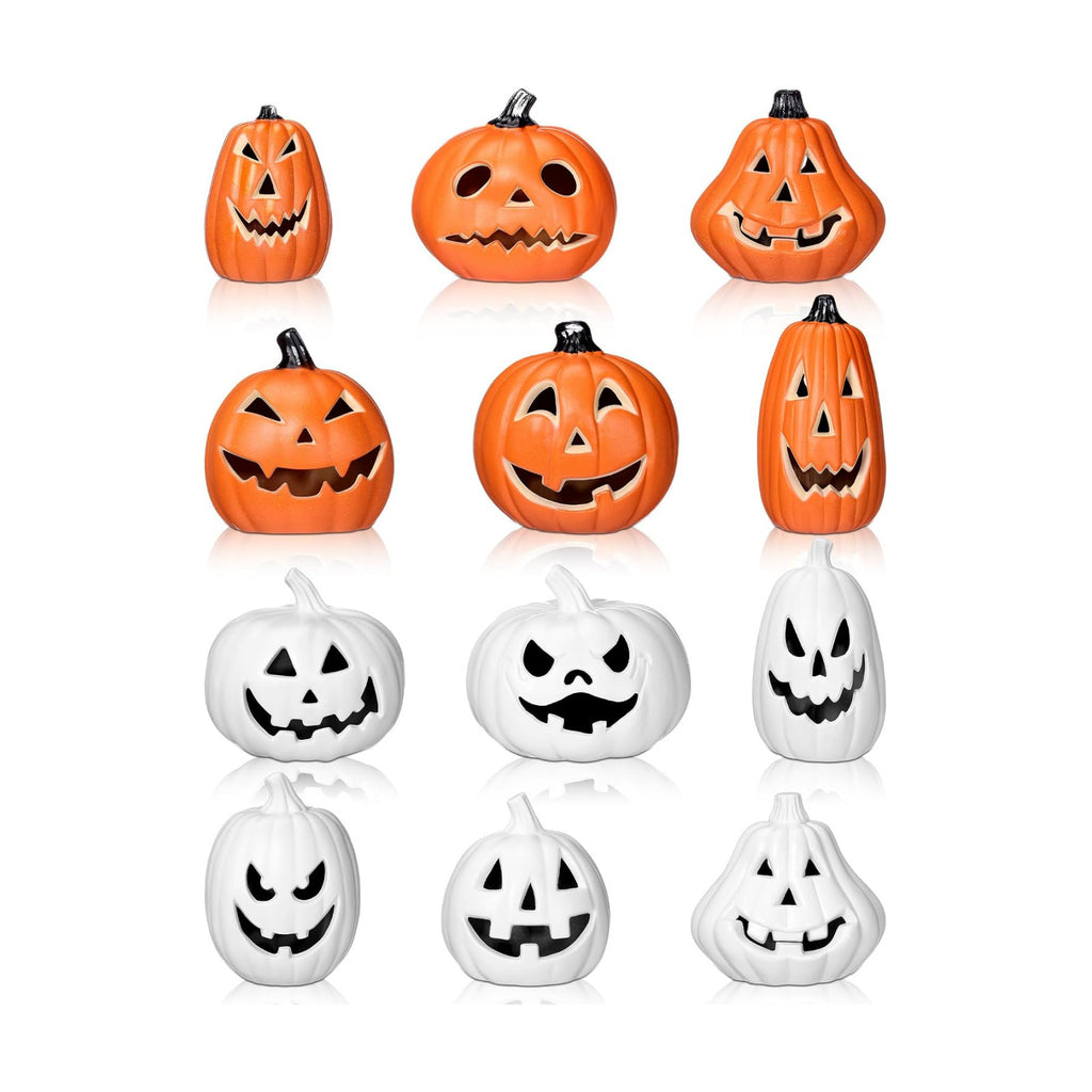 Tujoe 12 Pcs Halloween Pumpkin Lantern Set Light up LED,Orange and White